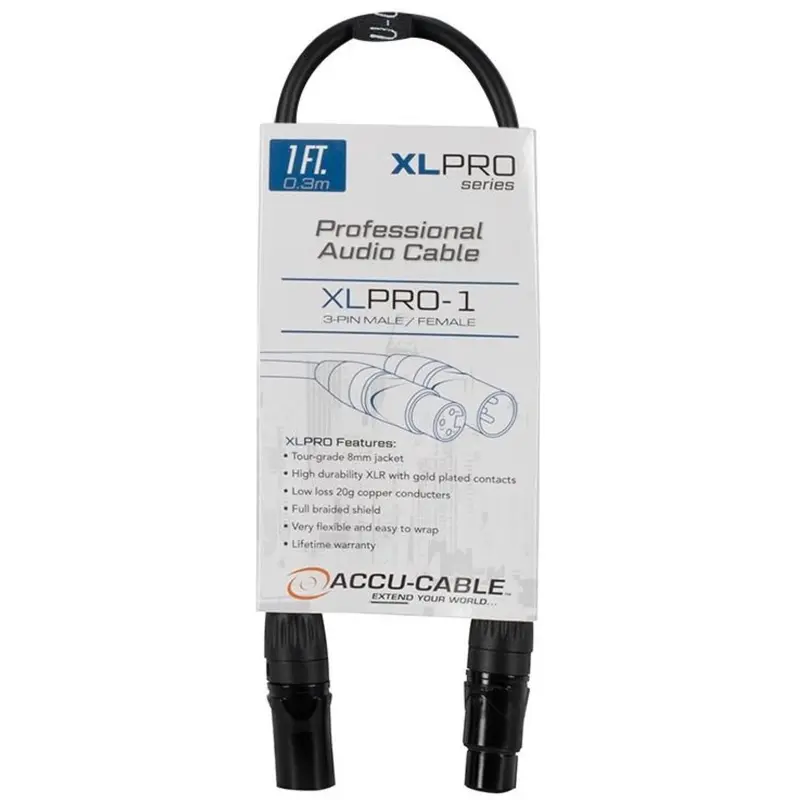 Accu-Cable 1-Foot PRO XLR Male to XLR Female Microphone Cable