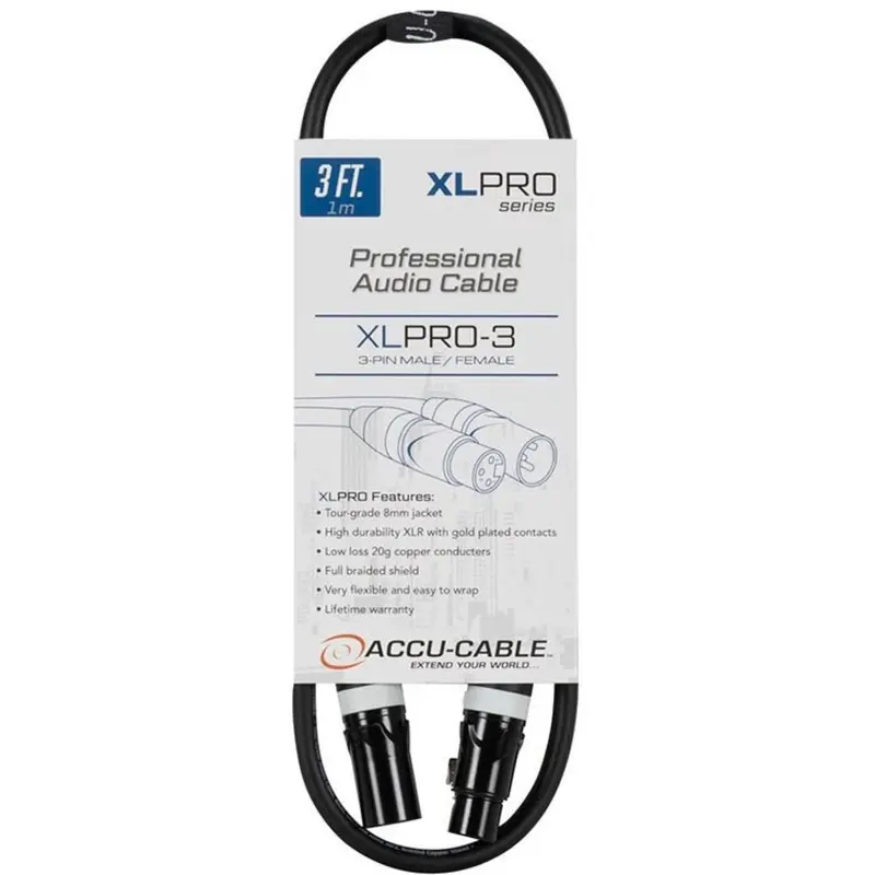 Accu-Cable 3-Foot PRO XLR Male to XLR Female Microphone Cable