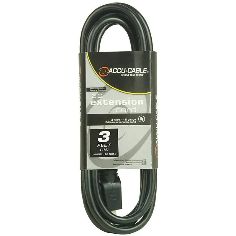 Accu-Cable 3 Ft Extension Cord 16 Guage
