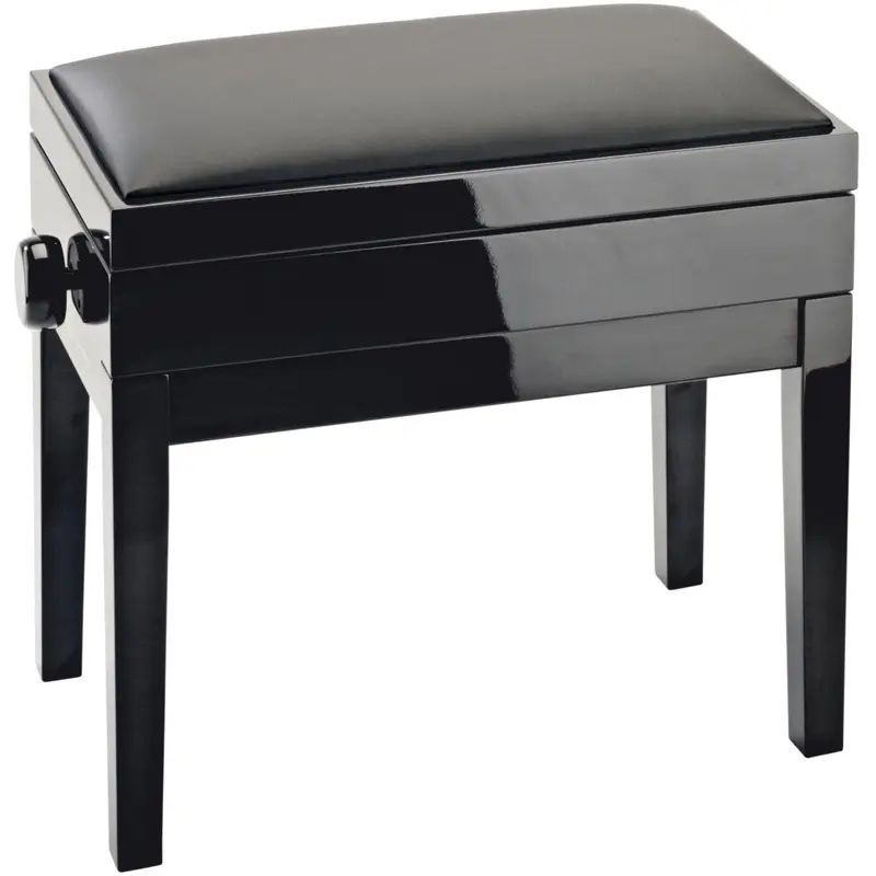K&M 13951.200.21 Complete Wooden Frame Piano Bench with Storage - Black Gloss with Black Leatherette Seat