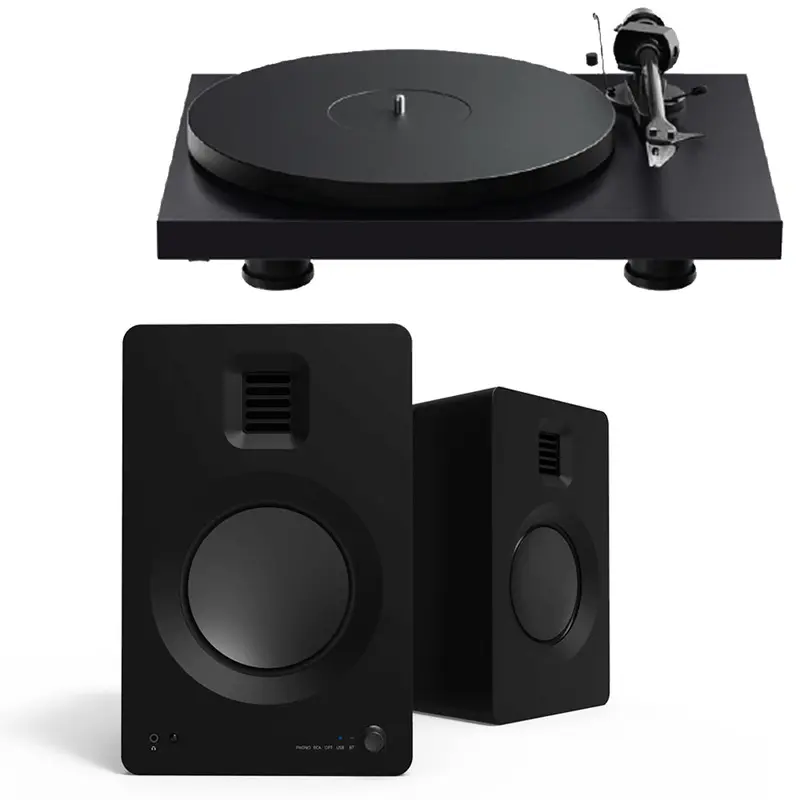 Pro-Ject Debut Evo 2 Turntable Bundle with Kanto TUK Premium Powered Bookshelf Speakers (Satin Black/Matte Black)