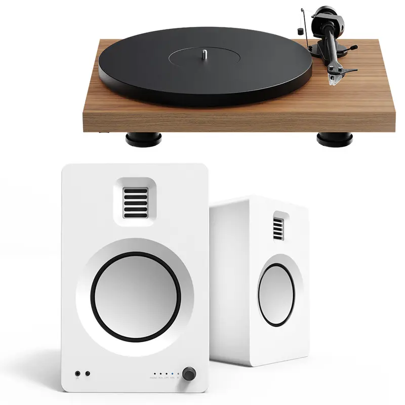 Pro-Ject Debut Evo 2 Turntable Bundle with Kanto TUK Premium Powered Bookshelf Speakers (Satin Walnut/Matte White)